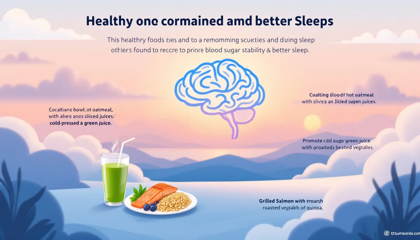 An image depicting healthy foods that promote blood sugar stability and better sleep.