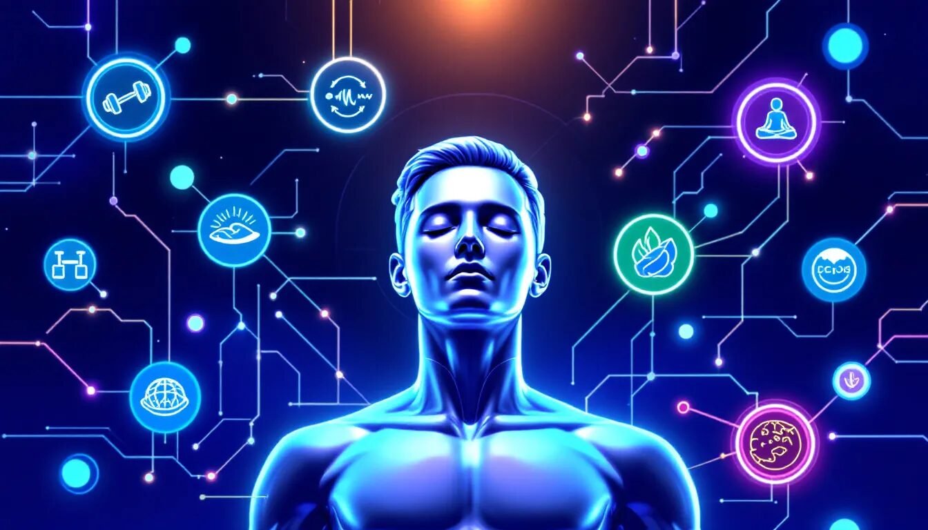 An illustration showing various lifestyle factors affecting sleep and muscle growth.